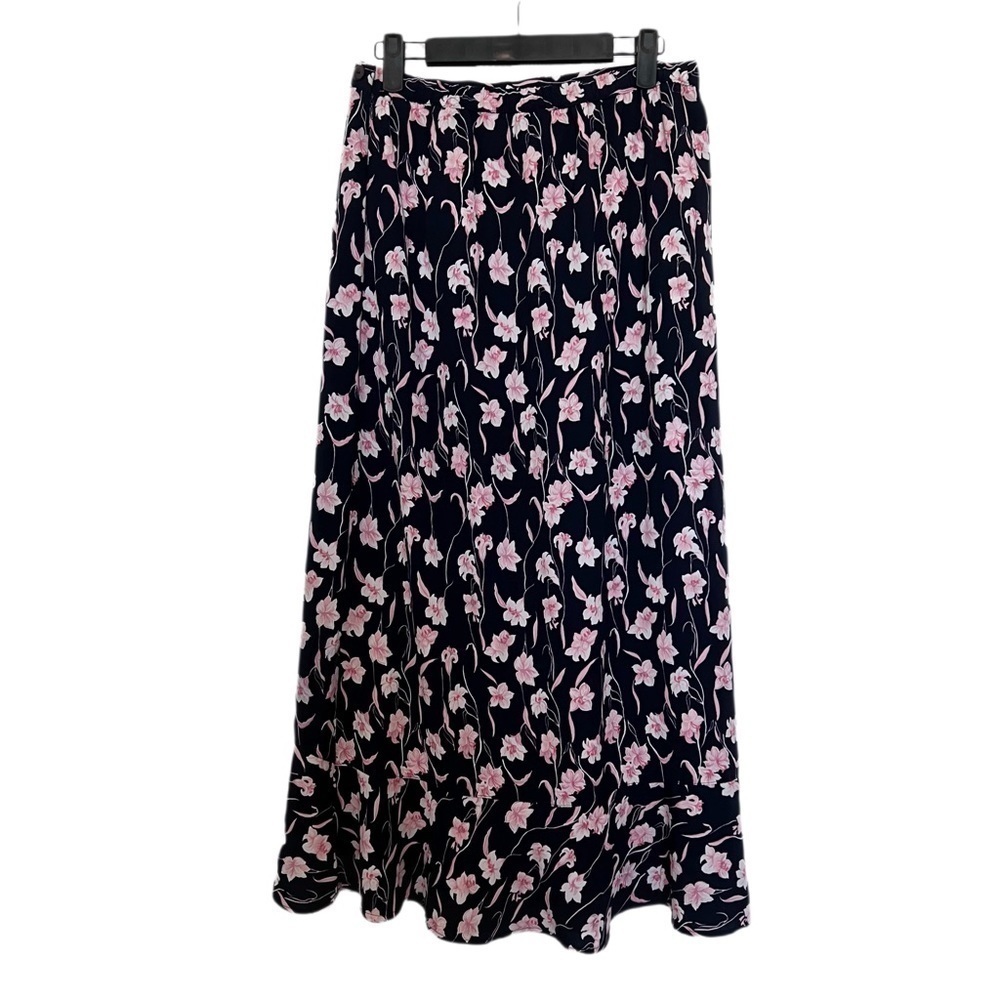 Vintage Sag Harbor Navy Blue with Pink White Floral Print Midi Skirt Size 8